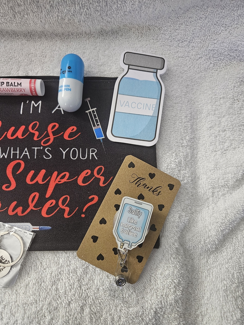 Sarcastic Nurse Gift Set Bag Keychain Badge Reel: RN CNA Birthday Care Package - Picture 3 of 7